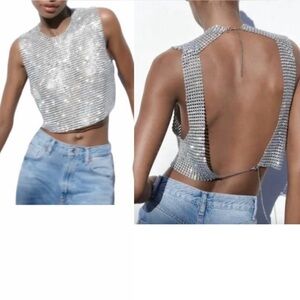 Silver Mesh Rhinestone Open Back Top